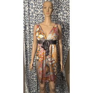 Y2K Vintage Arden B Dress Silk Satin Pink Orange Print Surplice Bow SZ S NWT